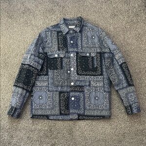 PacSun Men's Patchwork Paisley Puffer Jacket - Black, Blue and Gray